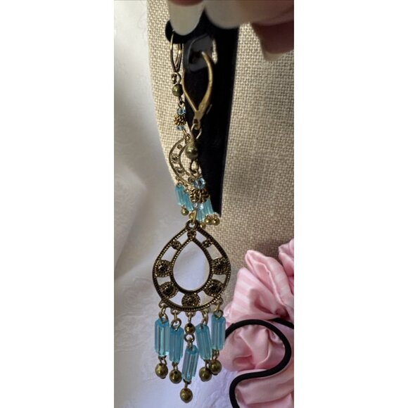 Nordstrom Sequin Pale Gold & Blue Beads Tassel Dangle Drop Earrings Teardrop NEW - Picture 4 of 10